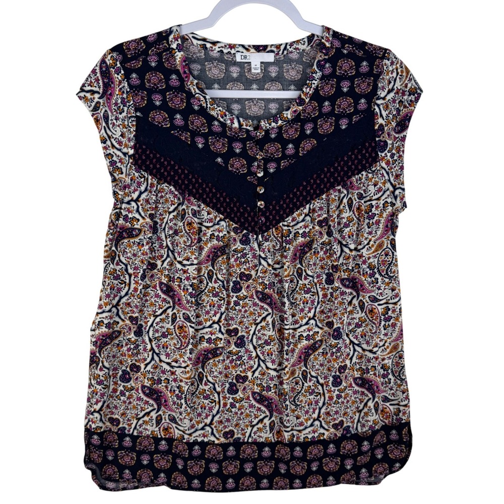DR2 by Daniel Rainn Navy Paisley Floral Lace Yoke Sleeveless Blouse‎ Medium